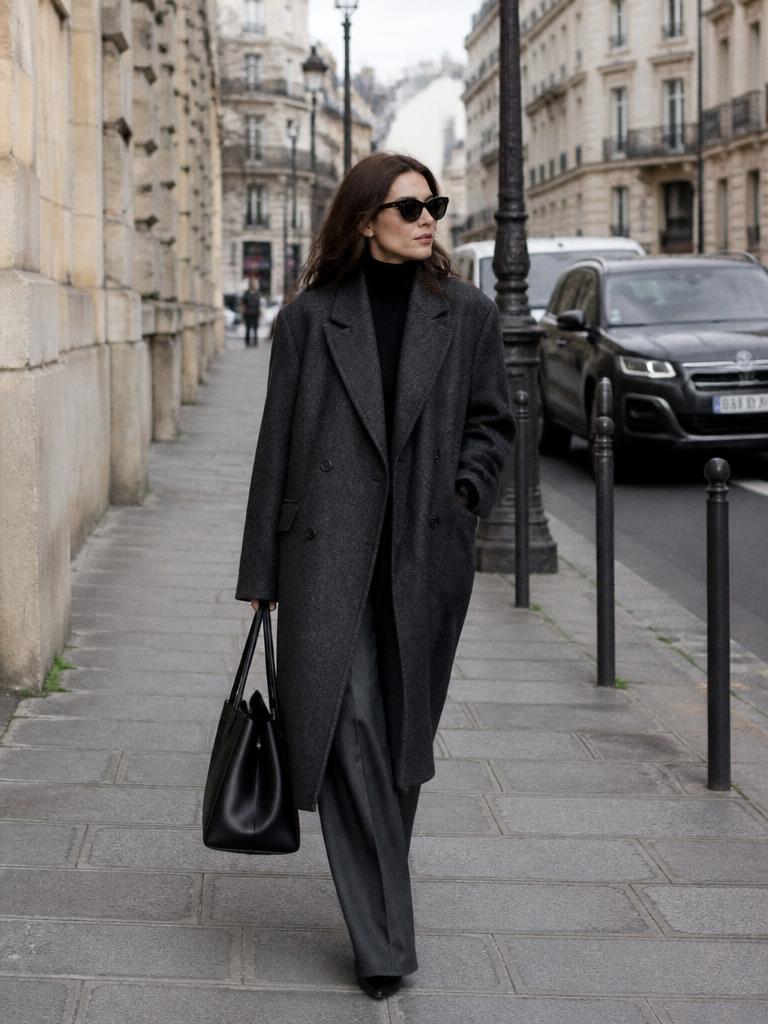 Woman in an oversized charcoal coat and sunglasses on a Paris sidewalk