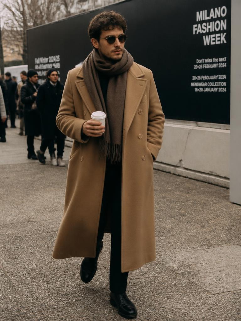 Man in a camel overcoat and scarf holding a coffee outside a show venue