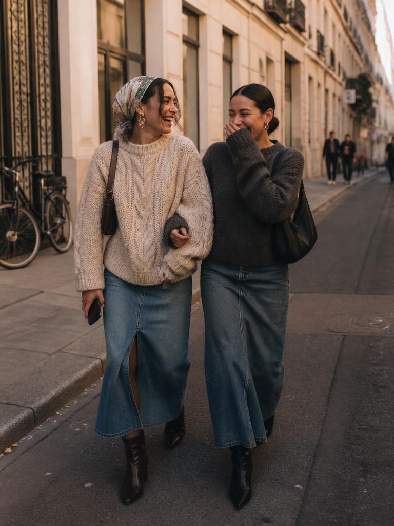 Two friends in chunky knits and long denim skirts laughing on a city street