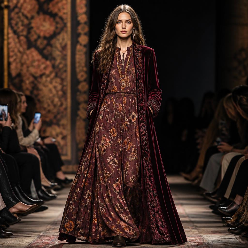Model in a long burgundy velvet duster coat over a bohemian floral maxi dress, walking a warm-lit runway